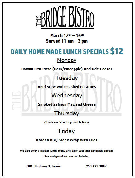 $12 Lunch Special March 12-16 - Bridge Bistro