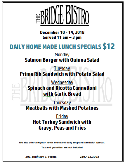 $12 Lunch Specials Dec 10 - 14. Open Daily for dinners from December ...